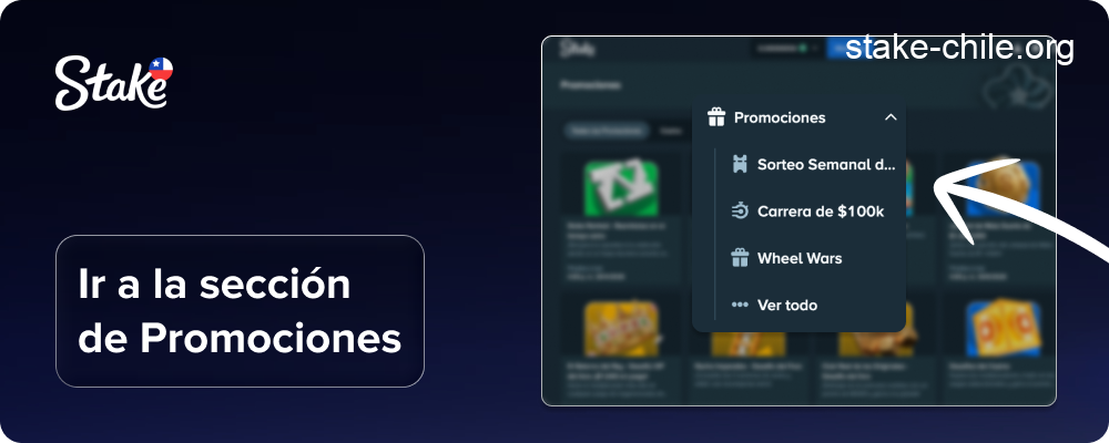 Dirígete a la sección de Promociones en el sitio web oficial de Stake o en la aplicación móvil