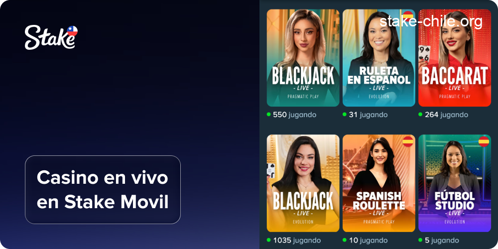 Juegos de casino en vivo con crupieres en la aplicación móvil Stake para dispositivos Android e iOS.