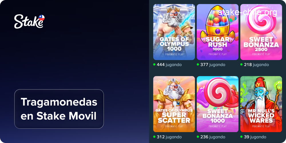 Juegos de tragamonedas en la aplicación móvil Stake para dispositivos Android e iOS.